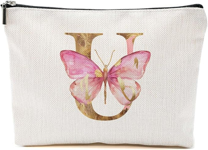 Initial Makeup Bag Pink Butterfly U Personalized Cosmetic Bag Monogrammed Gifts for Women Girls Friend Bestie Monogram Zipper Pouch for Friendship Mothers Day Birthday Wedding Bridal Shower Gifts
