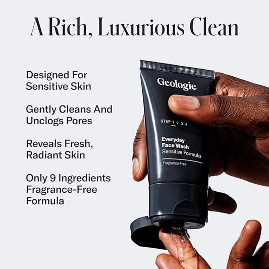Geologie Sensitive Skincare Set for Men & Women | 3-Month Gentle & Effective Daily Skin Routine | Acne, Oily Skin, Dark Spots | Face Wash 2-Pack, Retinol Face Cream, SPF15 Moisturizer & Eye Cream