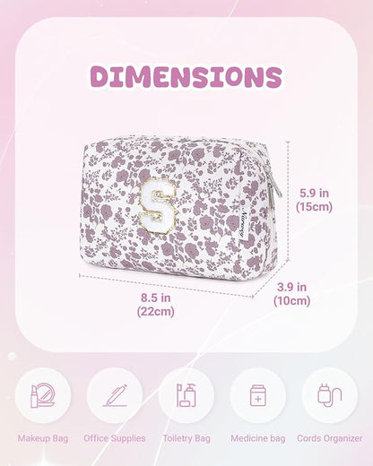 Narwey Birthday Gifts for Teen Girls Kids Women Personalized Initial Floral Makeup Bag Cute Cosmetic Trendy Stuff 6 8 10 11 12 13 14 16 18 Years Old Travel Toiletry Bag (Little Dusty Pink Flower S)