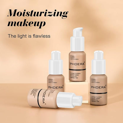 BestLand 5PCS Liquid PHOERA Foundation Set Matte Liquid Full Coverage Oil Control Breathable Invisible Cover Concealer with Face Primer, Foundation Brush, Makeup Sponge (102 Nude)