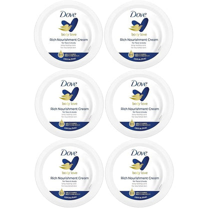 Dove Body Love Rich Nourishment Cream, Face, Hand & Body Lotion for Extremely Dry Skin, Fast-Absorbing 72-Hour Moisturizing Cream with Ceramide Serum, Travel Size, 2.53 Oz (Pack of 6)