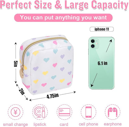 Nylon Mini Preppy Cute Makeup Bag - White Heart: Waterproof Zipper Pouch for Travel, Storage - Small Cosmetic Purse Organizer