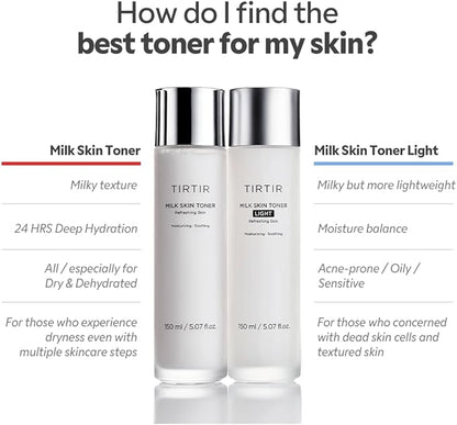TIRTIR Milk Skin Rice Toner Light | Instant Hydration with 4% Niacinamide, Pantenol, Lightweight, Pore-Tightening, Vegan, Acne-Prone, Oily Skin, Fungal Acne Safe, Korean Skin Care, 0.67 Fl Oz