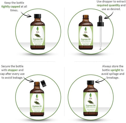 SVA Cypress Essential Oil – 4 Fl Oz – 100% Natural Cypress Oil - for Diffuser, Hair Care, Face, Skin Care, Aromatherapy, Scalp and Body Massage, Soap and Candle Making – with Dropper