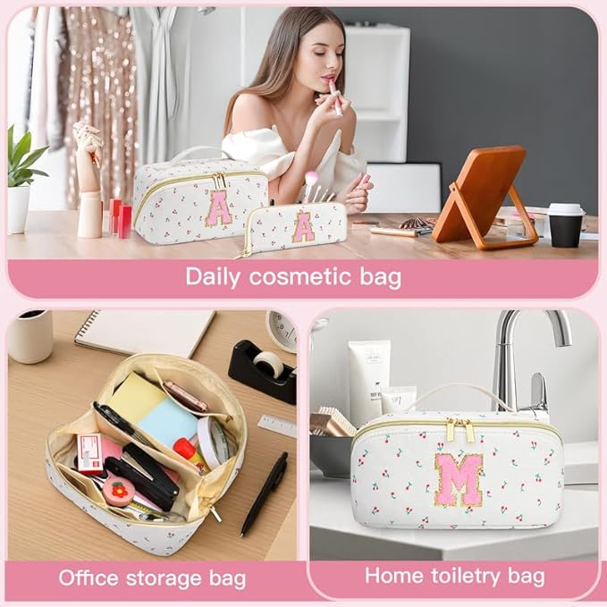 Personalized Travel Makeup Bag Set,Initial Travel Cute Cherry Makeup Organizer Bag,Toiletry Skincare Cosmetic Bag,Christmas Gifts for Women/Girls,Open Flat Toiletry Pouch with Brush Pocket-Y