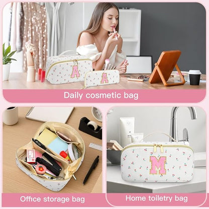 Personalized Travel Makeup Bag Set,Initial Travel Cute Cherry Makeup Organizer Bag,Toiletry Skincare Cosmetic Bag,Christmas Gifts for Women/Girls,Open Flat Toiletry Pouch with Brush Pocket-Z