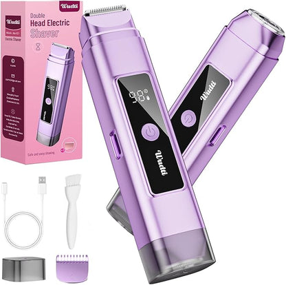 Electric Bikini Trimmer for Women: Razor & Shaver with Dual Heads for Body Pubic Hair, IPX7 Waterproof with LED Display - Rechargeable Lady Trimmer for Underarm Body Leg Face - Purple