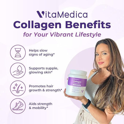 VitaMedica Collagen Peptides Powder for Women & Men - Healthy Hair, Skin, Nails, Bones and Joints - Hydrolyzed Types I & III, Grass-Fed, Pasture-Raised Protein, Zero Sugar - Pack of 2