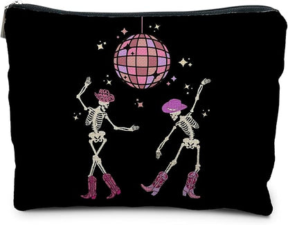 Funny Disco Dancing Skeleton Makeup Bag, Goth Gothic Skull Cosmetic for Women, Halloween Gifts, Dark Academia Makeup Pouch, Horror Bag