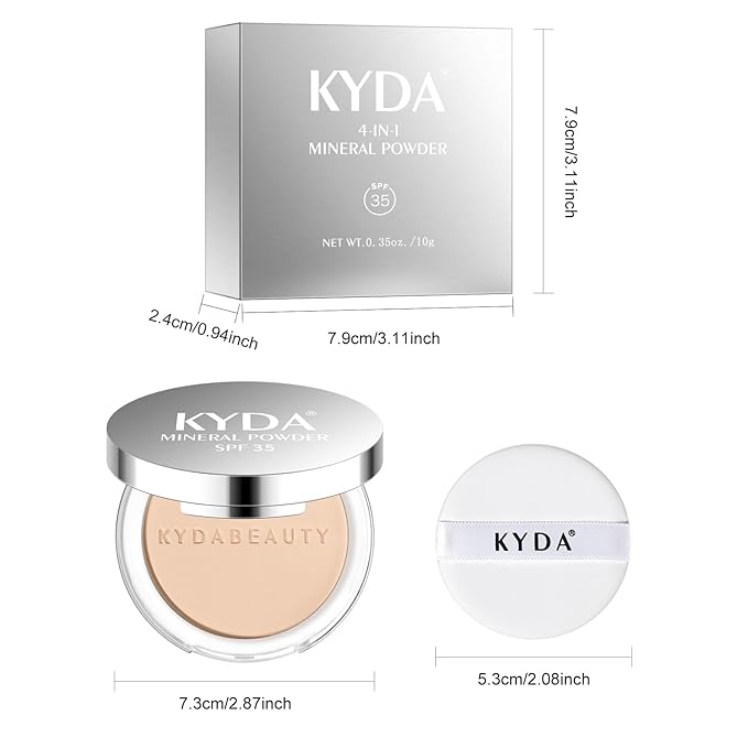 KYDA Mineral Powder, SPF 35, 4-in-1 Mineral Pressed Powder Foundation with Concealer and Setting, Matte Weightless Pressed Foundation, Light to Medium Coverage, #PORCELAIN