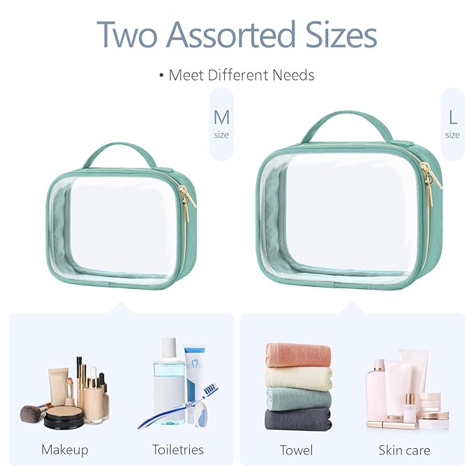 PACKISM TSA Approved Toiletry Bag, 2 Pack Clear Makeup Bags with Handle Large Opening, Clear Toiletry Bags Fit Carry-on Travel Essential, Travel Bags for Toiletries, Turquoise Green