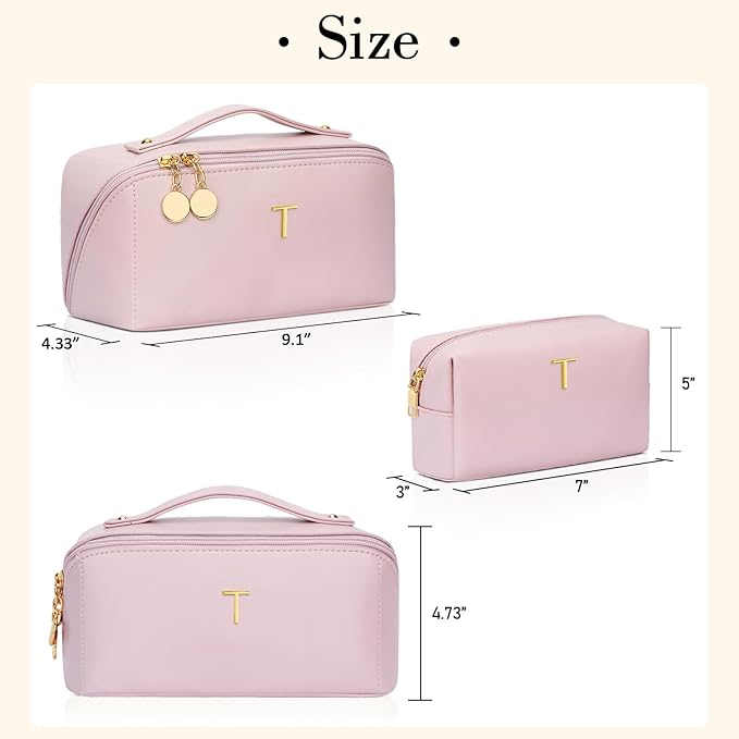 Birthday Gifts for Women Teen Girl, Personalized Initial Makeup Organizer Bag Set, Open Flat Travel Cosmetic Bag With Clear Divider and Handle(Pink,T)