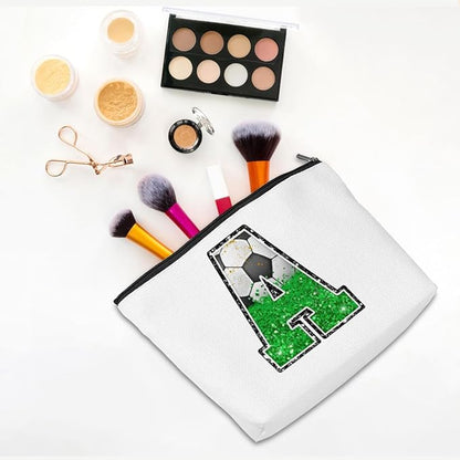 Soccer Gifts Initial Makeup Bag Monogrammed Cosmetic Bag Letter A Zipper Pouch Soccer Accessories for Girls Women Soccer Player Coach Friend Soccer Stuff Graduation Birthday Gifts