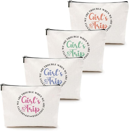 Girls Trip 2025 Makeup Bag - 4 Pcs Weekend Cosmetic Toiletry Zipper Pouch Weekender Bags for Women - Summer Favors, Friendship, Bachelorette Party, Birthday Gifts