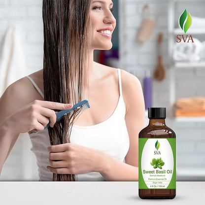 SVA Sweet Basil Essential Oil – 4 Fl Oz – 100% Natural Basil Oil - for Diffuser, Hair Care, Face, Skin Care, Aromatherapy, Scalp and Body Massage, Soap and Candle Making – with Dropper