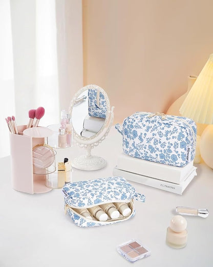 Narwey Small Makeup Bag for Purse Travel Makeup Pouch Mini Cosmetic Bag Zipper Pouch for Women (Little Blue Flower, Small)
