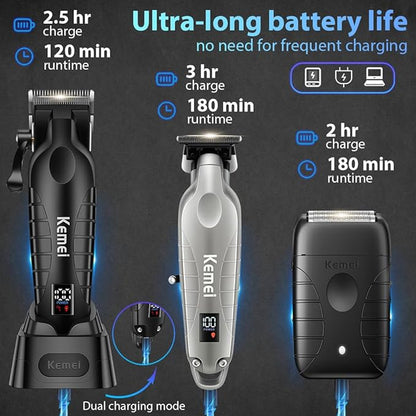 KEMEI Hair Clippers for Men Professional, Barber Clippers and Trimmers Set, Foil Shaver for Men,Cordless Hair Clippers and Barber Kit, Hair Cutting Kit, KM-2293Silver, KM-PG2290D, KM-T95
