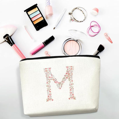 Initial Makeup Bag Floral M Personalized Cosmetic Bag Monogrammed Gifts for Women Girls Mom Bridesmaid Monogram Zipper Pouch for Teacher Appreciation Mothers Day Birthday Wedding Bridal Shower Gifts
