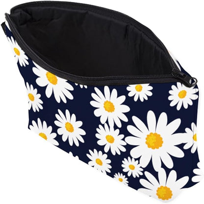 Cute Travel Makeup Bag Cosmetic Bag Small Pouch Gift for Women (Daisy Dark Blue)