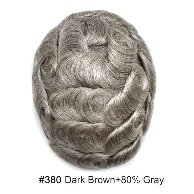 FACE MIRACLE Lace Front Mens Toupee Human Hair System Swiss Lace Center Toupee for Men Thin Skin PU Around Hair Replacement System V-Looped Mens Hair Wig Units 6"X9" #380 Dark Brown with 80% Gray
