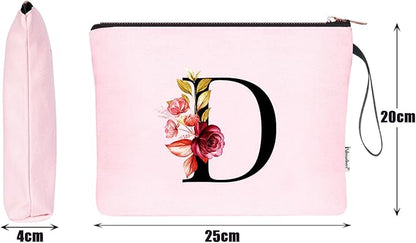 Vavabox A-Z Personalized Makeup Bag, Birthday Gifts for Women Mom, Gifts for Best Friend, Bride Bridesmaid Cosmetic bag (D, Pink)