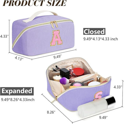 Personalized Initial Makeup Bag,Christmas Gifts for Girl,Preppy Bag Cosmetic Travel Bag Women,Travel Toiletry Organizer,Large Capacity Corduroy Stuff Bag,Cute Cosmetic Pouch Skincare Bag-Y