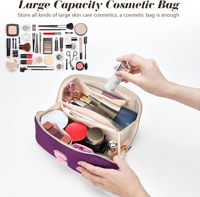 Personalized Initial Makeup Bag,Christmas Gifts for Girl,Preppy Bag Cosmetic Travel Bag Women,Travel Toiletry Organizer,Large Capacity Corduroy Stuff Bag,Cute Cosmetic Pouch Skincare Bag-V