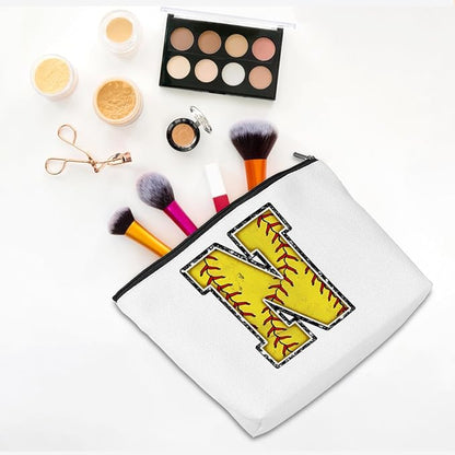 Softball Gifts Initial Makeup Bag Monogrammed Cosmetic Bag Letter N Zipper Pouch Softball Accessories for Girls Women Softball Player Coach Friend Softball Stuff Graduation Birthday Gifts