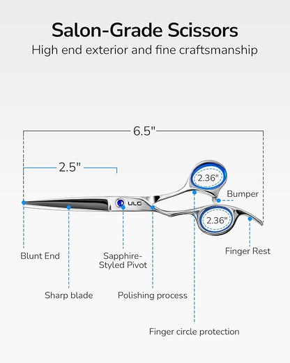 Hair Cutting Scissors for Left Hand, ULG Left-Handed Professional Hair Scissors 6.5-Inch Razor Edge Barber Shears for Salon and Home Hair Cutting Made of Japanese Stainless Steel, Blue Fingerhole Ring