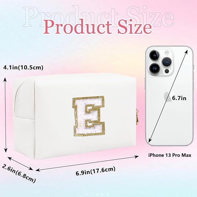 Small Personalized Letter Makeup Bag, Cute PU Leather Chenille Letters Cosmetic Bag Travel Makeup Pouch, Preppy Travel Organizer Zipper Pouch for Women&Girls（White-E）