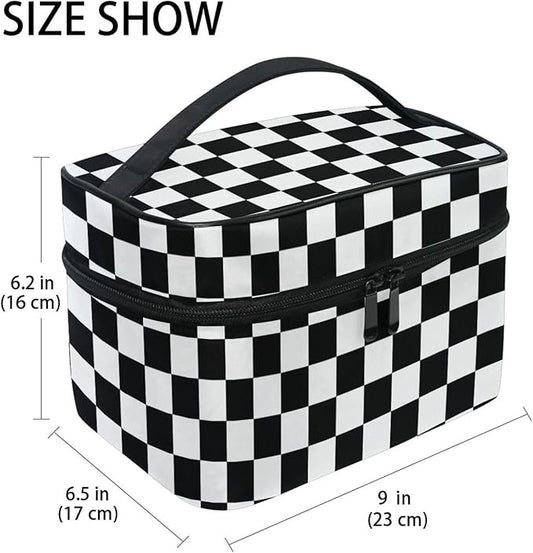 Makeup Train Case White Black Checkered Plaid Carrying Portable Zip Travel Cosmetic Brush Bag Organizer Large for Women