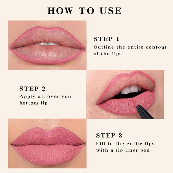 3Pcs Longwear Liquid Lip Liner Stain Pen Set Long Lasting Waterproof, Pink Ruby Red Warm Pink Matte Semi Permanent 24 Hour Lip Liner and Lipstick Combo, Color Stay Lipliner All Day Lip Stains peel off