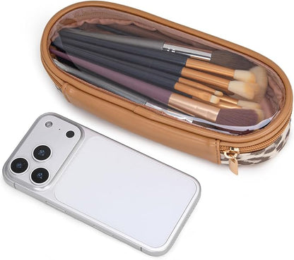 Montana West X Wrangler Travel Makeup Bag 2pcs Set Large Cosmetic Bag with Makeup Brush Holder Portable Make Up Organizer Cute Toiletry Bag with Divider and Handle for Women Leopard