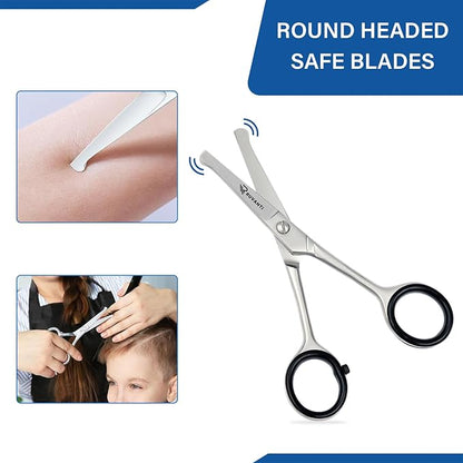 Ruvanti 5.2" Kids Hair Cutting Scissors - Safety Rounded Tip Barber Shears for Children, Infants & Facial Hair Trimming - Sharp Stainless Steel Blades, Ergonomic Grip - Ideal for Home & Salon Use