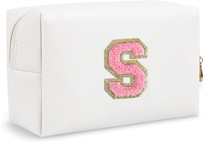 Small Travel Initial Preppy Makeup Bag, White Cute Cosmetic Organizer Toiletry Zipper Pouch Make Up Bag for Purse, Waterproof Chenille Letter Makeup Storage Personalized Gift for Sister Mom(Letter S)