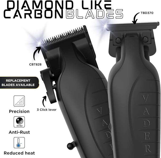 Supreme Trimmer 2-in-1 Vader Clipper & Trimmer Kit | Cordless Beard Trimmer & Mens Clippers Set for Barbers or Home | with DLC Coated Blades | Black