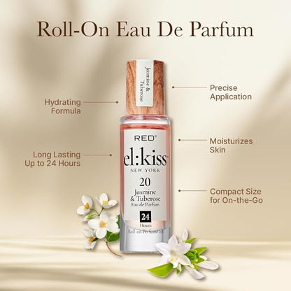 EL:KISS Roll On Perfume, Jasmine & Tuberose Inspired by Guc. Bloom, Eau de Parfum 12mL (.40 Fl Oz), Hydrating & Long-Lasting, Alcohol-Free & Mineral Oil-Free, Infused With Jojoba, Argan & Coconut Oil