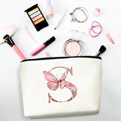 Initial Makeup Bag Pink Butterfly S Personalized Cosmetic Bag Monogrammed Gifts for Women Girls Bride Bridesmaid Monogram Zipper Pouch for Friendship Mothers Day Birthday Wedding Bridal Shower Gifts