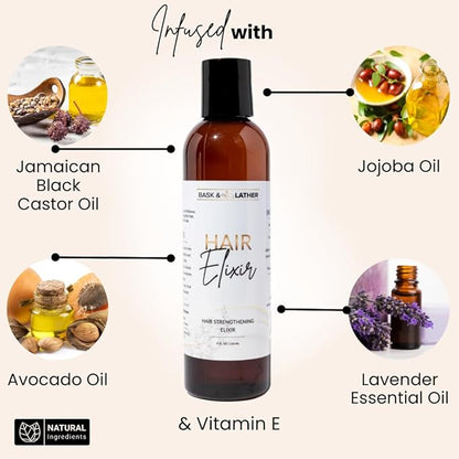 BASK & LATHER Elixir Hair Strengthening Oil, Jamaican Black Castor Oil, For Volume, Thickness, Detangle, De Frizz, Conditions New Hair Growth, 4 fl oz