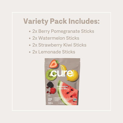 Cure Hydration | Plant-Based Electrolyte Drink Mix | No Added Sugar | FSA-HSA | Dehydration Relief Powder Made with Coconut Water | Non-GMO | Vegan | 8 Packets - Variety Pack