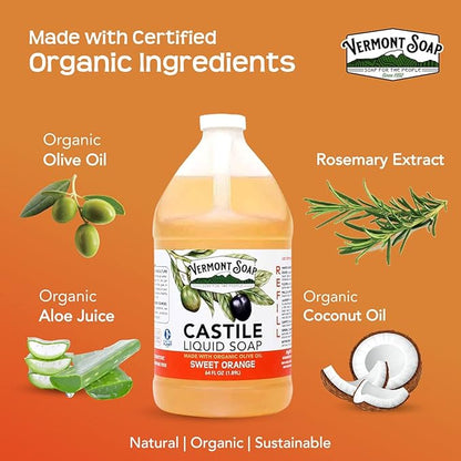 Vermont Pure Castile Soap Orange, Gentle Liquid Soap for Sensitive Skin & Natural Body Wash, Organic Hair Shampoo for Oily Hair, Aloe Castile Soap for Men & Women - 64 Oz