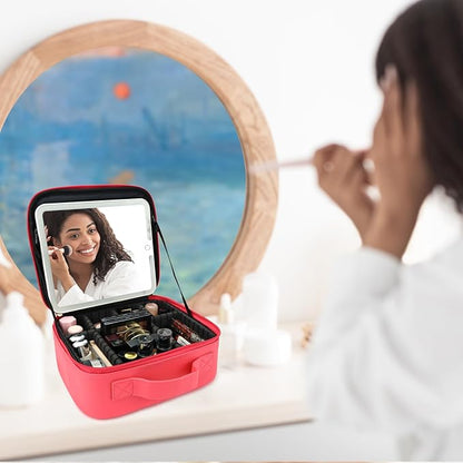 Travel Makeup Bag with LED Mirror Travel Makeup Organizer with 3 Lighted Settings, Adjustable Dividers and Makeup Brush Storage Bag Light Red