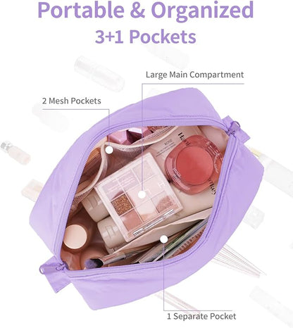 Narwey Puffy Makeup Bag for Travel Women Girl, Quilted Makeup Bag Cosmetic Bag, Cute Puffer Make Up Organizer Bags, Travel Toiletry Bag Toiletries (Purple)