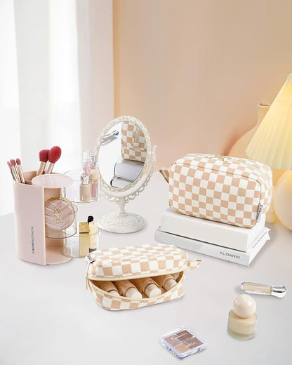 Narwey Checkered Makeup Bag Travel Cosmetic Bag Organizer Small Toiletry Bag Make Up Bags with Organized Pockets for Women (Light Checkerboard, Large)
