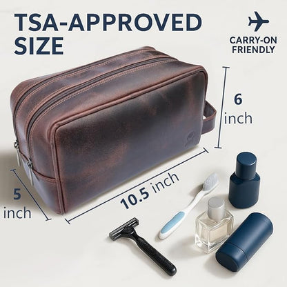 RUSTIC TOWN Leather Toiletry Bag for Men - Travel Shaving Ditty Kit - Bathroom Shower Toiletries Organizer - Leather Cosmetic Bag for Women (Walnut Brown)