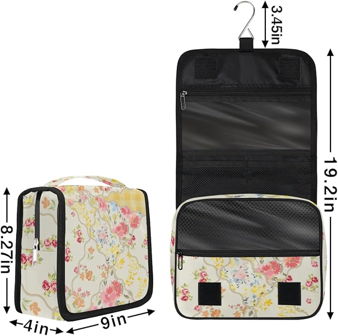 Yellow Flower Travel Toiletry Bag with Hanging Hook for Women and Girls, Rose Floral Cosmetic Makeup Case Organizer for Accessories, Shampoo, Full Sized Container, Toiletries
