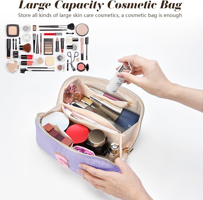 Personalized Initial Makeup Bag,Christmas Gifts for Girl,Preppy Bag Cosmetic Travel Bag Women,Travel Toiletry Organizer,Large Capacity Corduroy Stuff Bag,Cute Cosmetic Pouch Skincare Bag-U