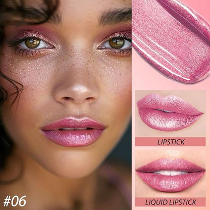 evpct 2 in 1 Rose Pink Glitter Metallic Shimmer Diamond Lipstick and Lip Gloss Set for Women Long Lasting Waterproof, Baby Nude Pink Sparkle Glitter Shiny Lipstick and Lip Liner Makeup Set, 06#