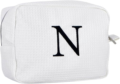 Personalized White Waffle Makeup Bag,Custom Embroidered Initial Cosmetic Pouch for Women,Monogrammed Cosmetic Case,Bridesmaid Gifts (N)