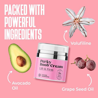 Divine Derriere Perky Body Cream - Lift & Firm Skin Tightening Cream for Body - Moisturizing Chest Firming Cream with Volufiline Helps Tighten Saggy Crepey Skin for a Perkier Look & Toned Décolleté